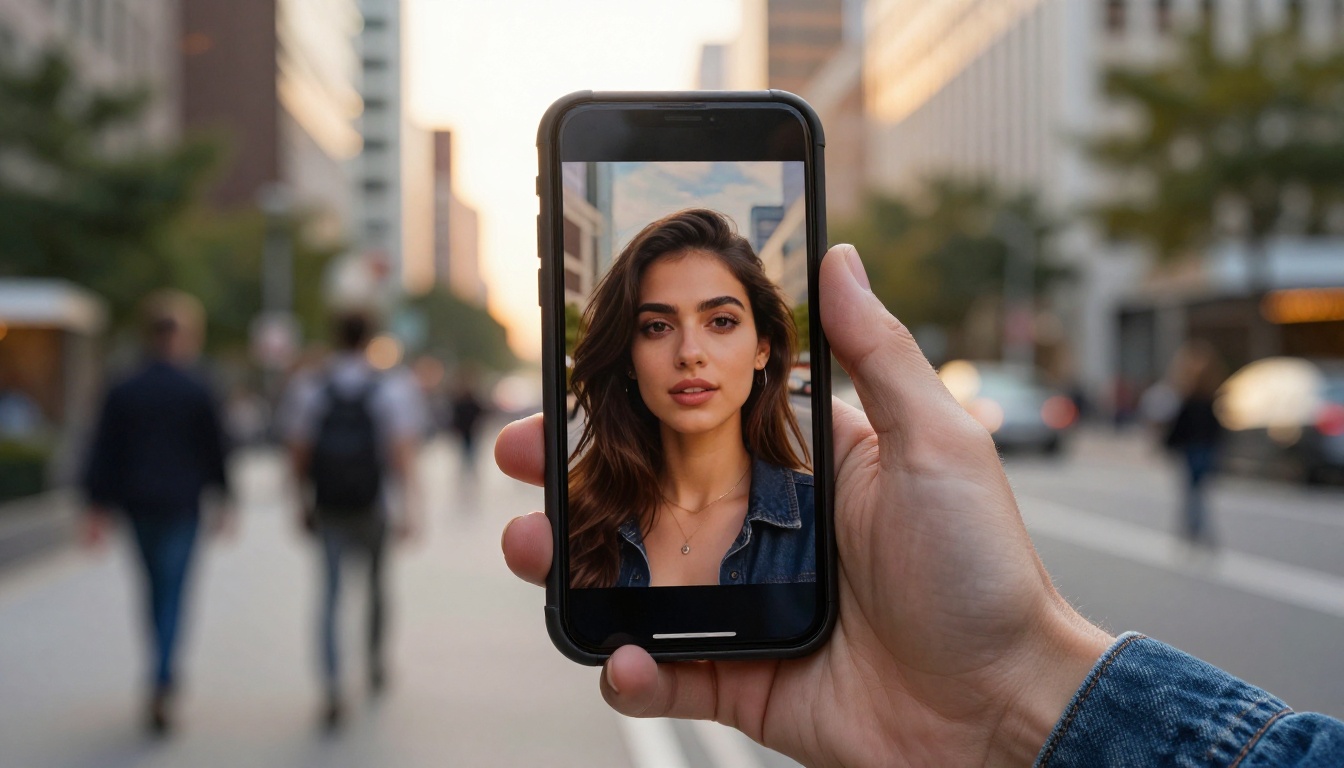 Smartphone showing AI-generated portrait held up against blurred city background