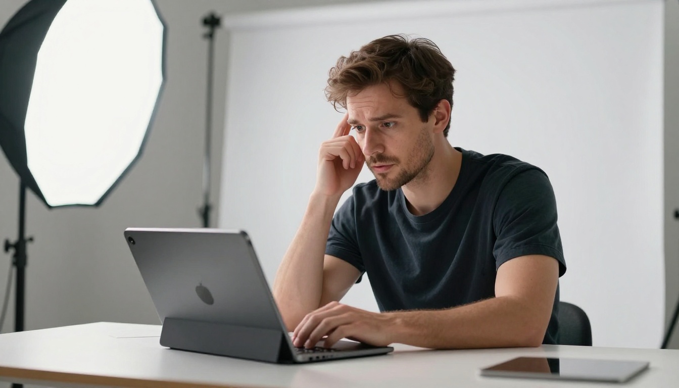 Professional photographer reviewing AI-generated portraits on a tablet in studio Professional photographer reviewing AI-generated portraits on a tablet in studio