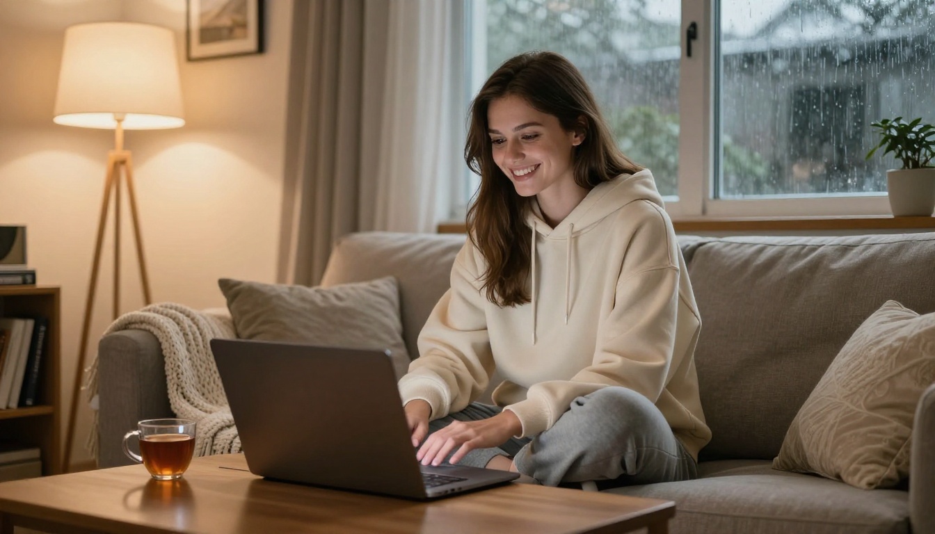 Young woman smiling at laptop on a cozy sofa in warm living room light