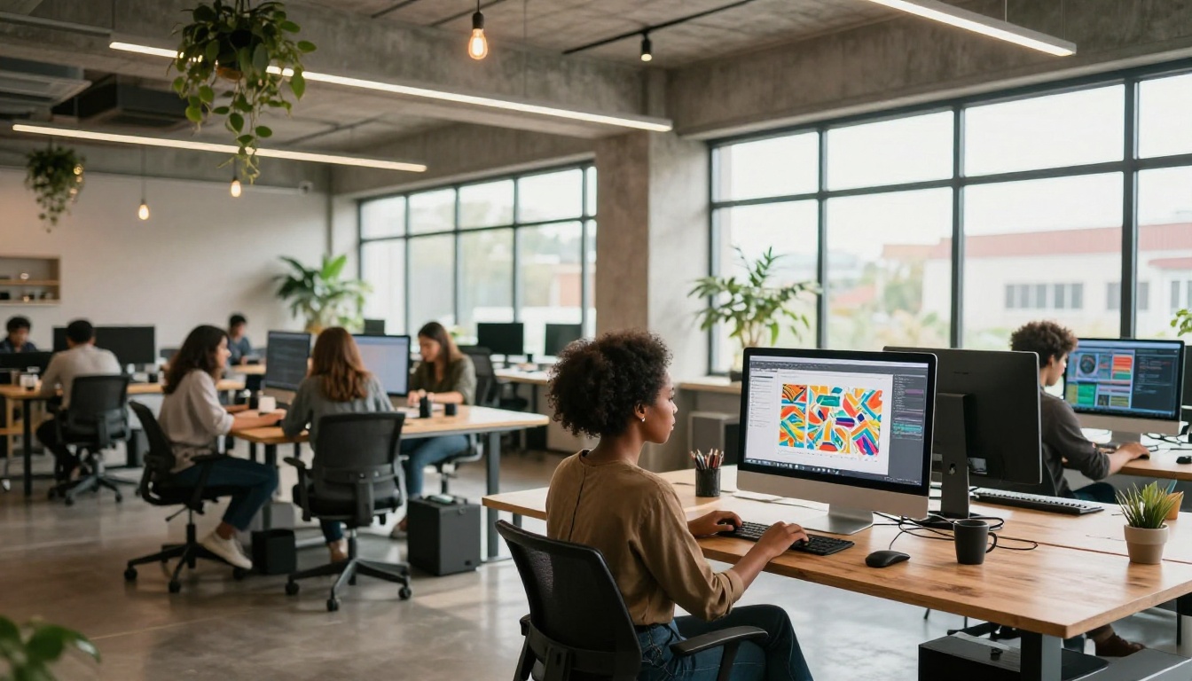Young woman at co-working space standing desk reviewing AI artwork on large monitor Young woman at co-working space standing desk reviewing AI artwork on large monitor
