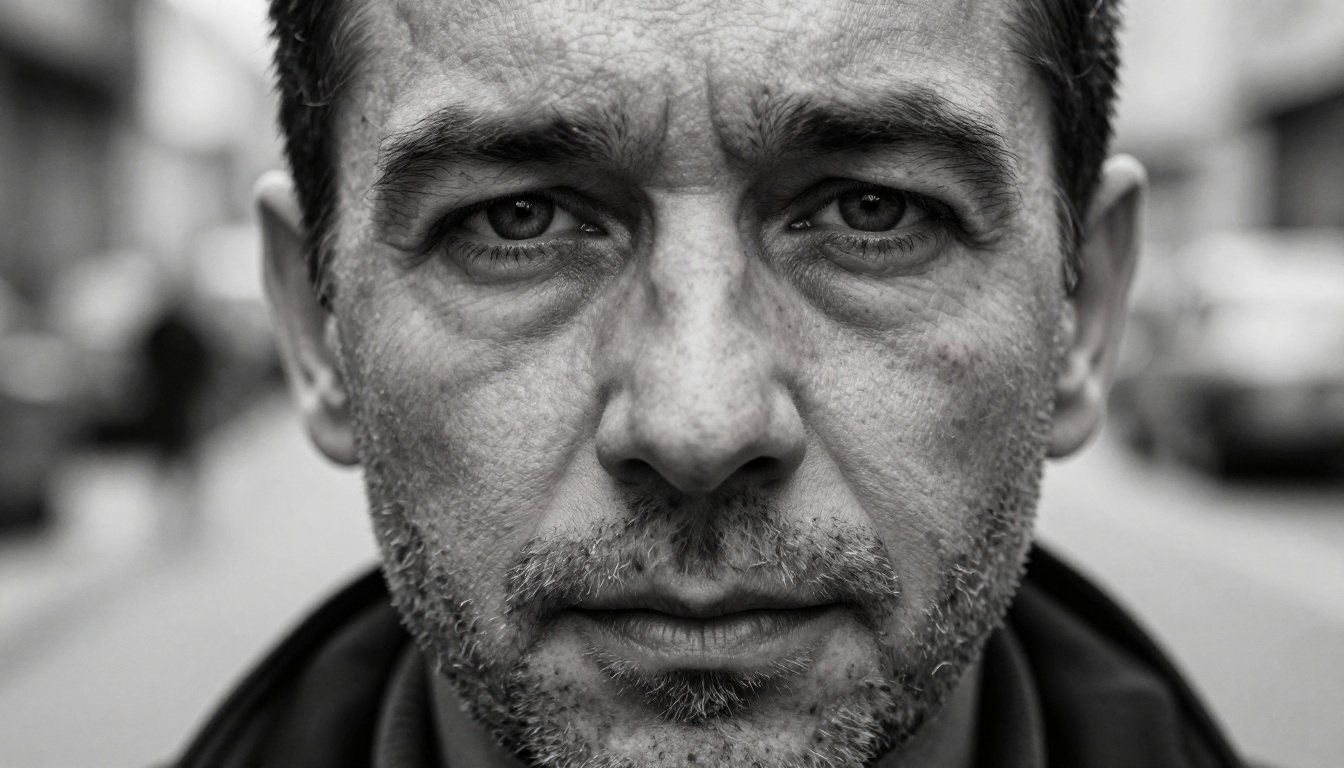Weathered male photographer portrait with sharp blue eyes and film grain texture