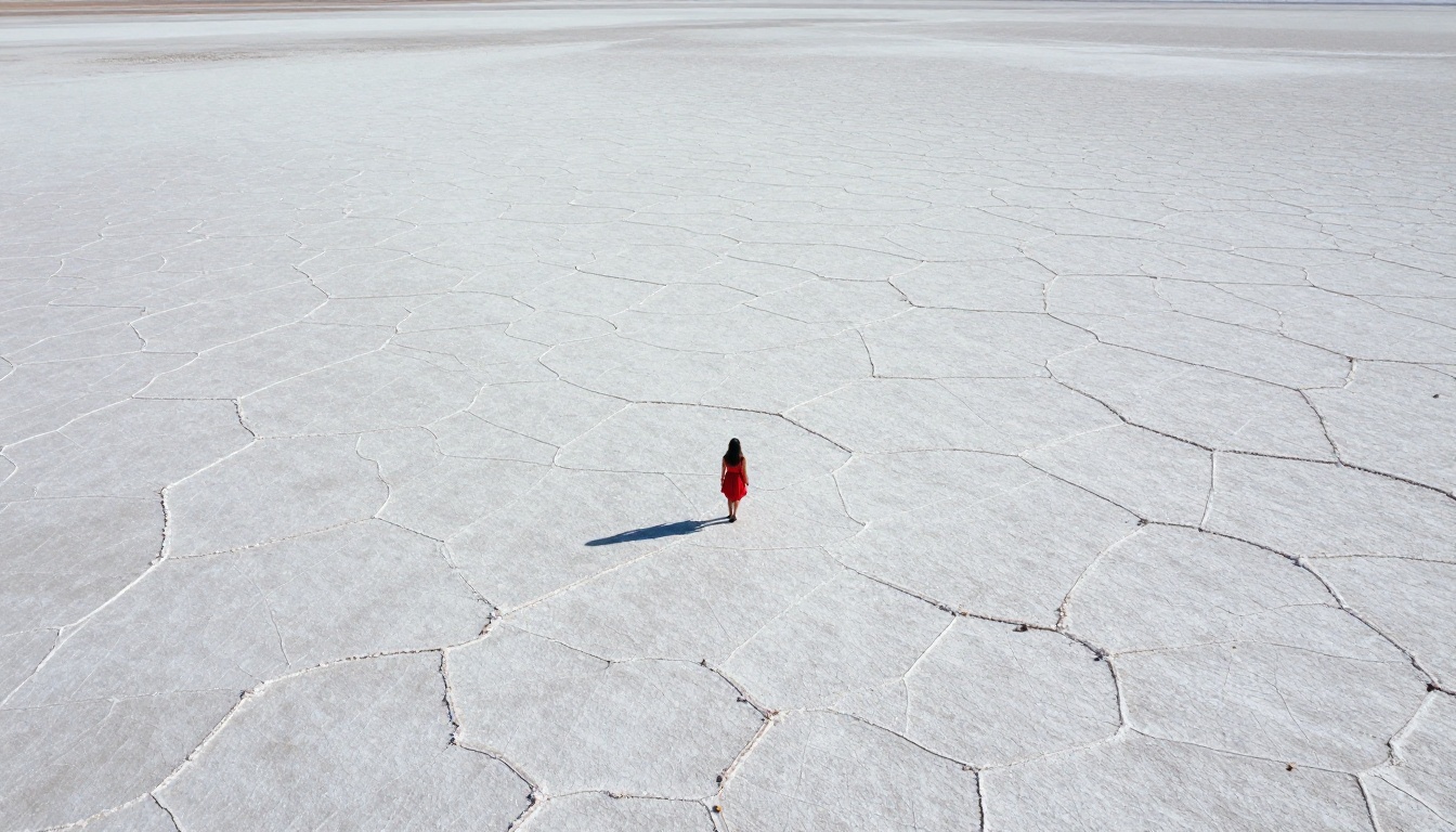 Aerial overhead view of lone woman in red dress on vast white cracked salt flats