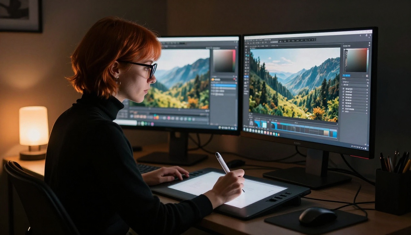 Freelance designer at dual-monitor setup with AI-generated artwork on screen Freelance designer at dual-monitor setup with AI-generated artwork on screen