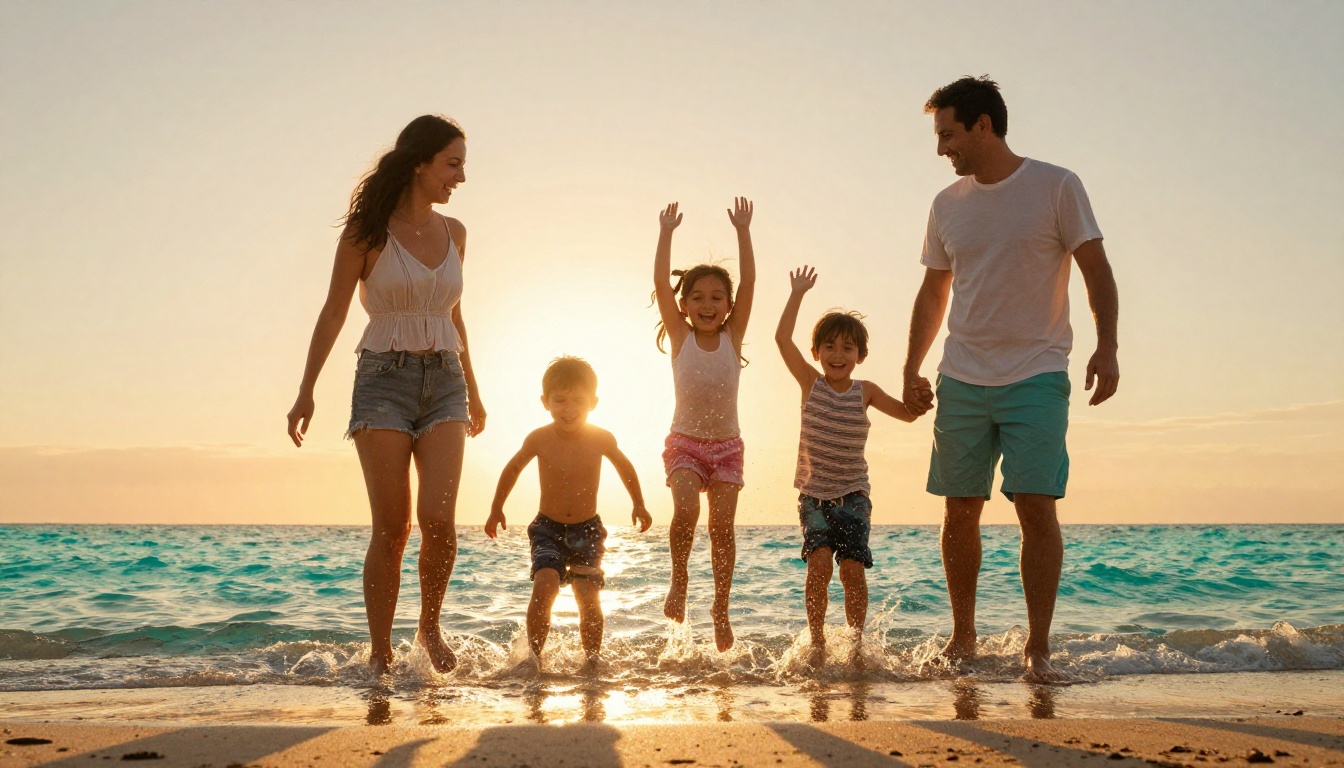 Happy family of four splashing in golden hour beach water, low angle shot with water droplets frozen mid-air