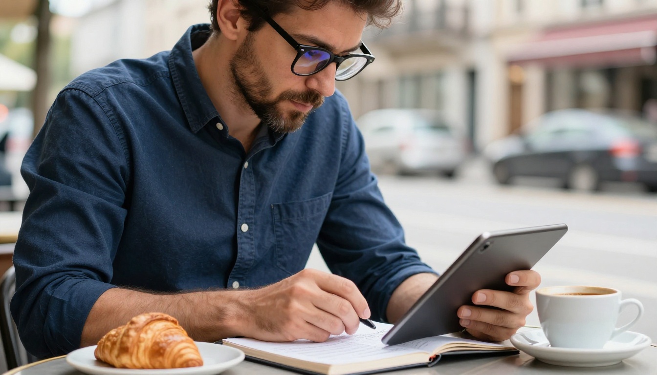 Man with glasses reading at a café table with tablet and espresso