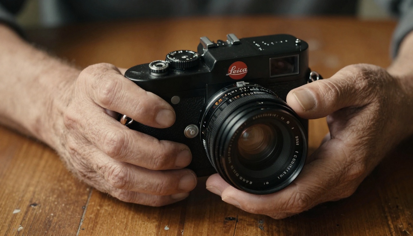 Close-up of weathered hands cradling a vintage Leica 35mm film camera on a wooden table