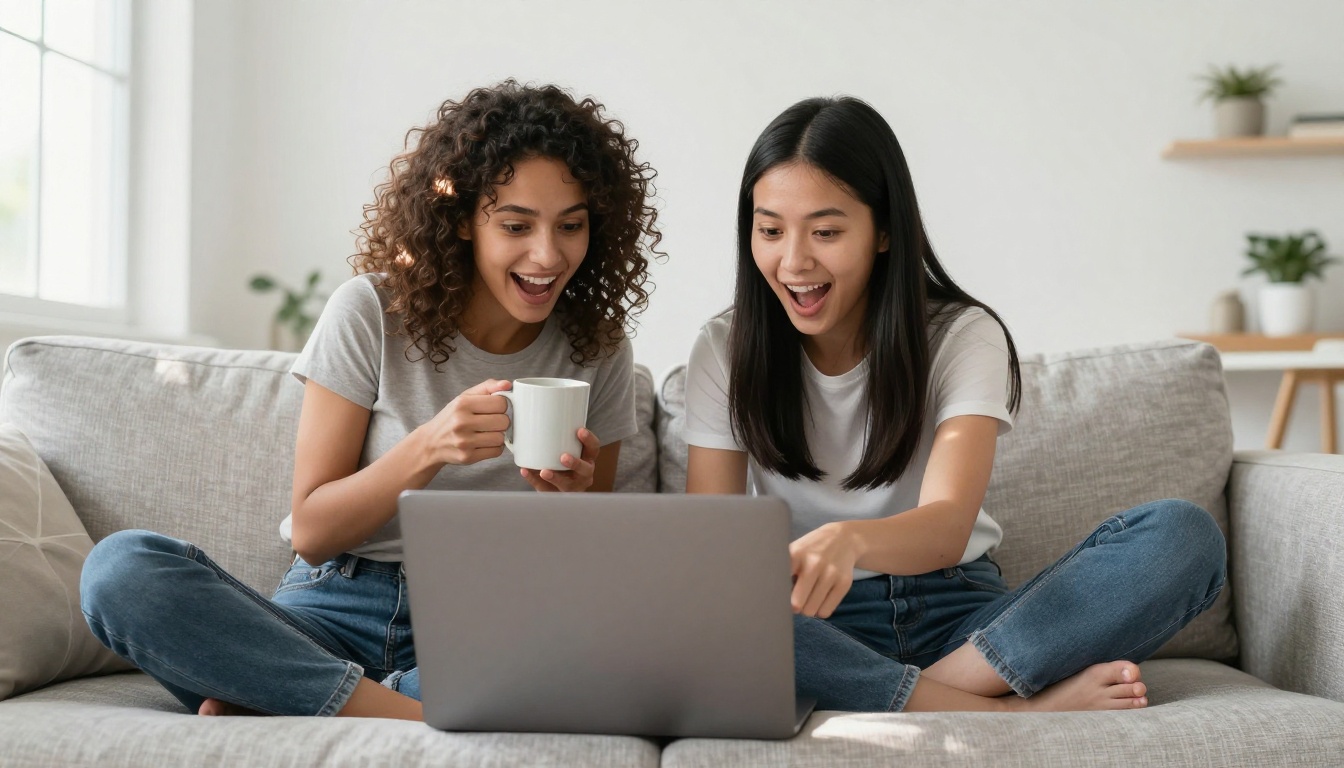 Two women laughing together at a laptop on a bright modern sofa Two women laughing together at a laptop on a bright modern sofa