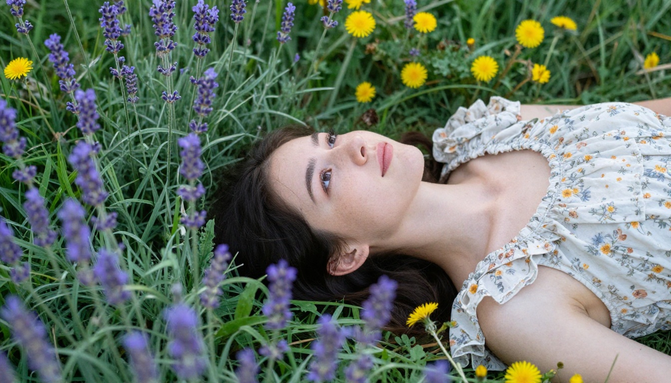 Young woman lying in a lush meadow of purple lavender and yellow wildflowers, shot from above at 45 degrees
