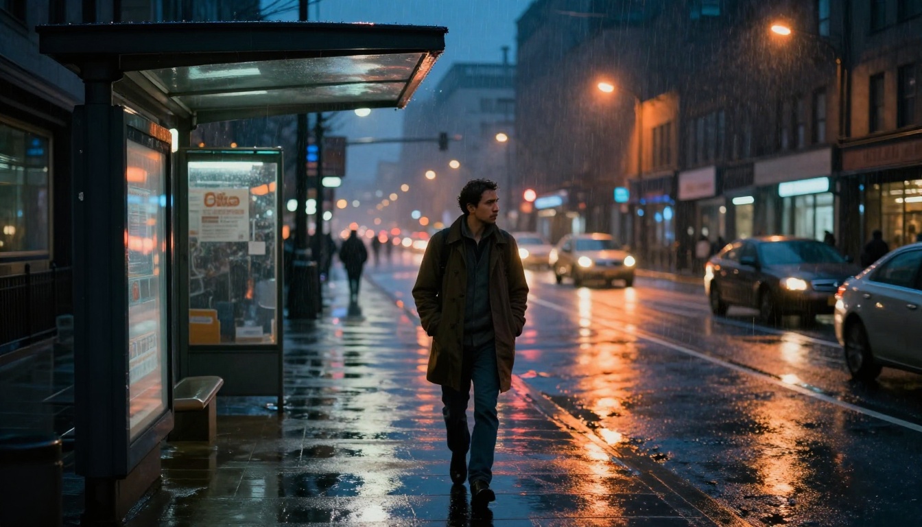 Man walking alone under a bus stop in rainy city street at night, wet pavement reflecting warm neon signs