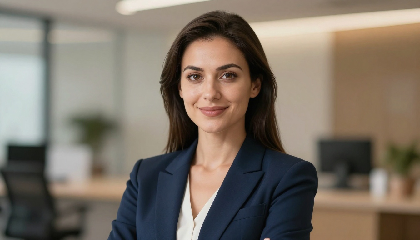 Professional woman in navy blazer with confident headshot expression against blurred office bokeh