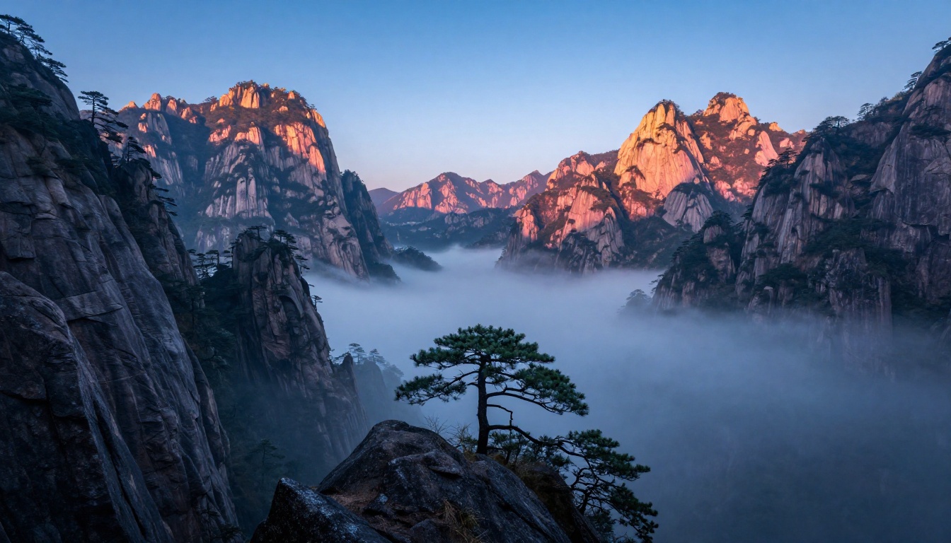 Wide mountain landscape at dawn with blue-hour mist filling the valley and a lone pine tree silhouetted in the foreground