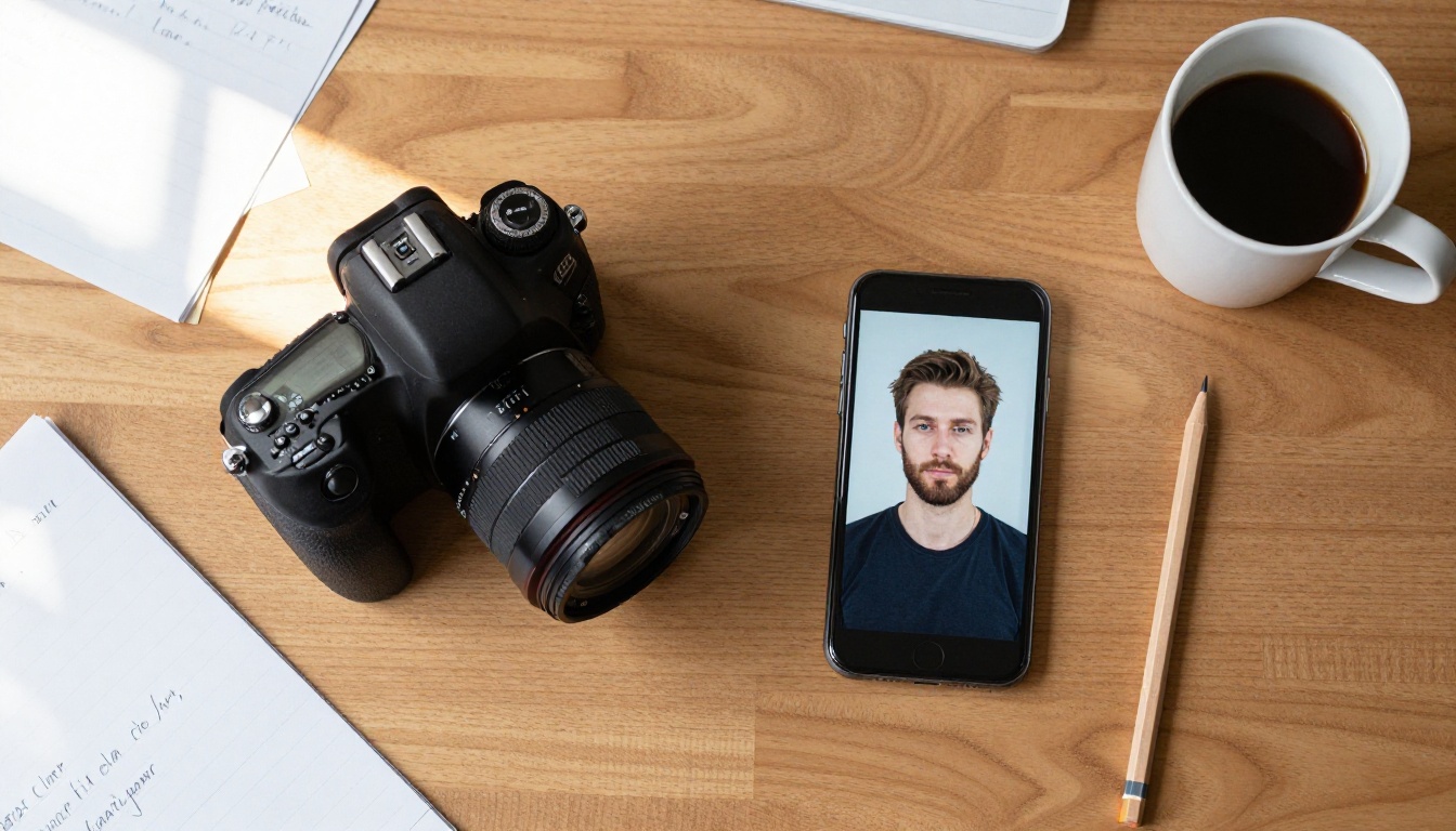 Overhead flat-lay of a DSLR camera beside a smartphone showing an AI-generated portrait, on a warm oak desk with handwritten notes