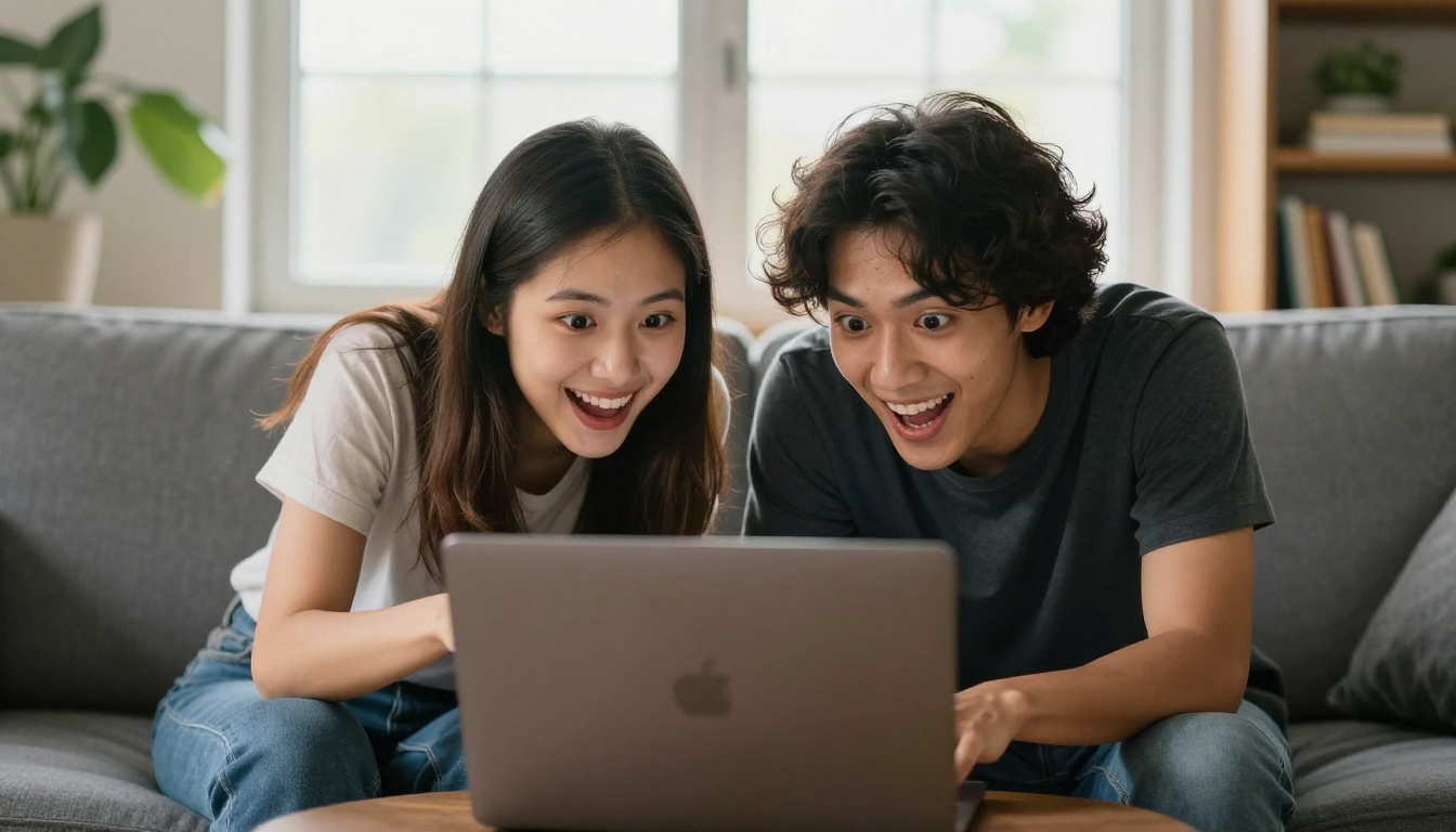 Two friends excitedly discovering hidden AI tools on a laptop