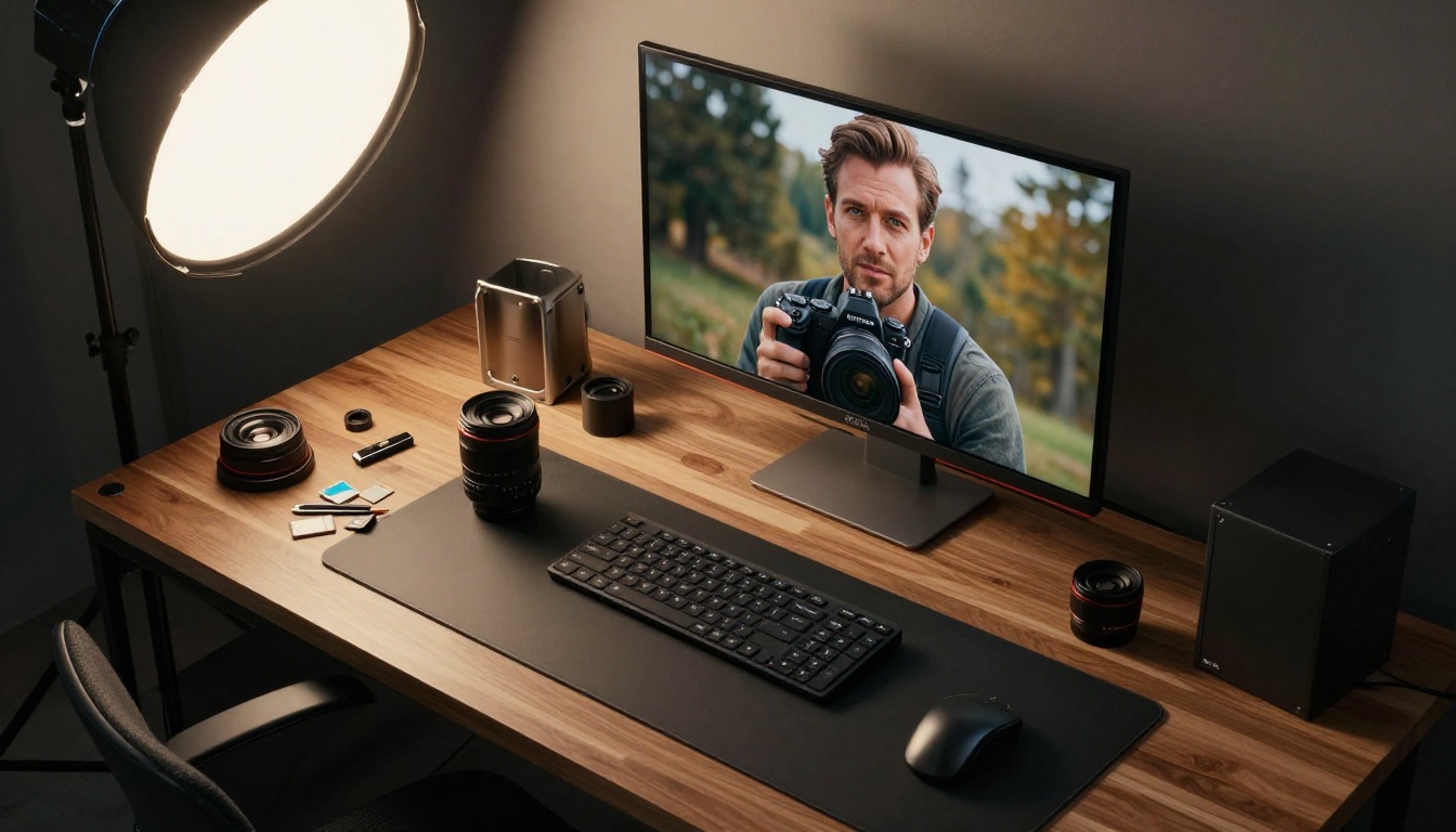 Overhead view of a photographer's desk with AI-generated portrait on monitor