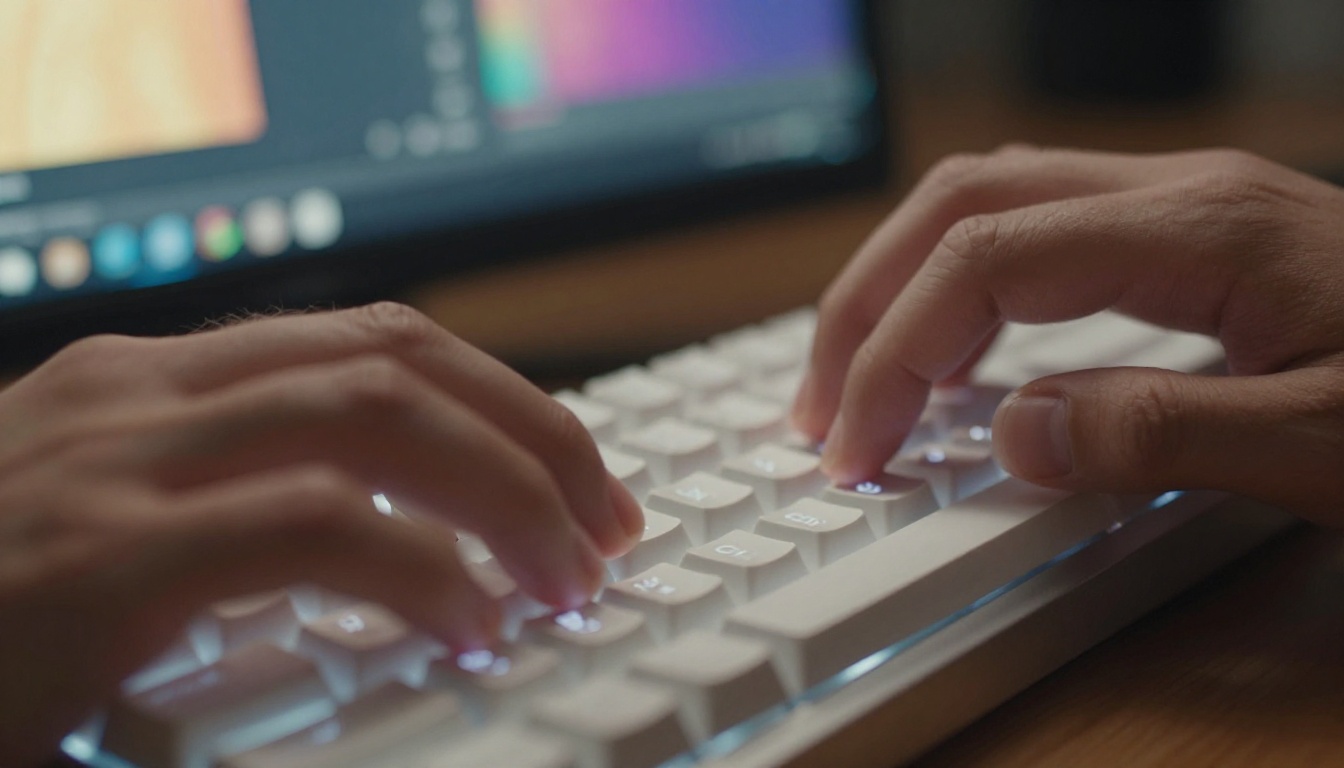 Close-up of hands typing on mechanical keyboard with AI interface on monitor