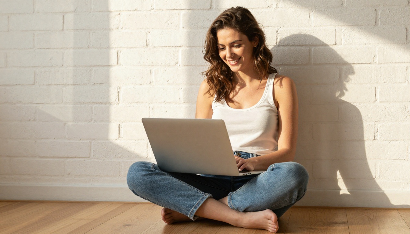Woman sitting on floor smiling at AI-generated results on laptop