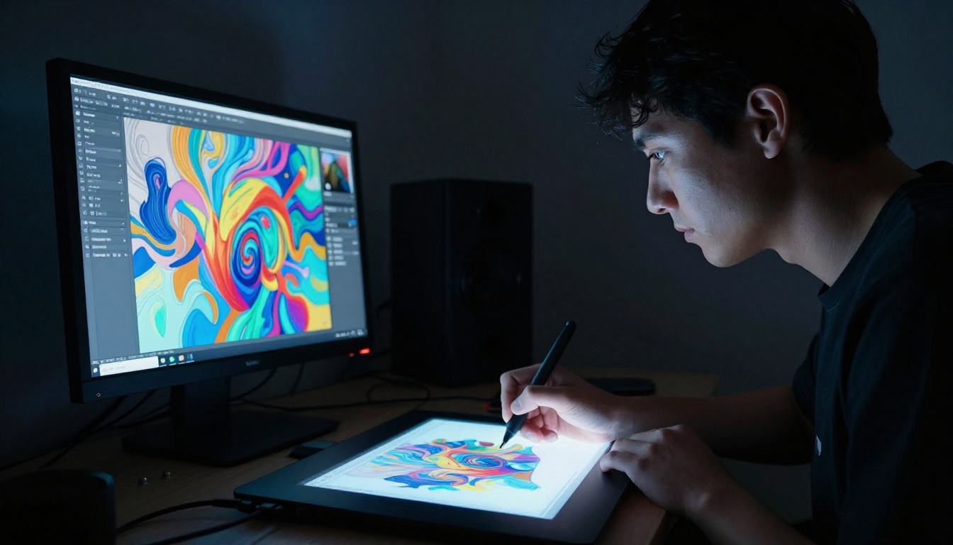 Home studio artist using drawing tablet with AI art on monitor