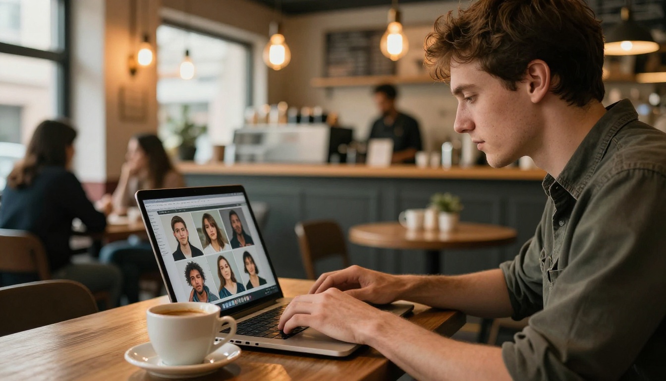 Person working at a coffee shop with AI-generated portraits visible on laptop