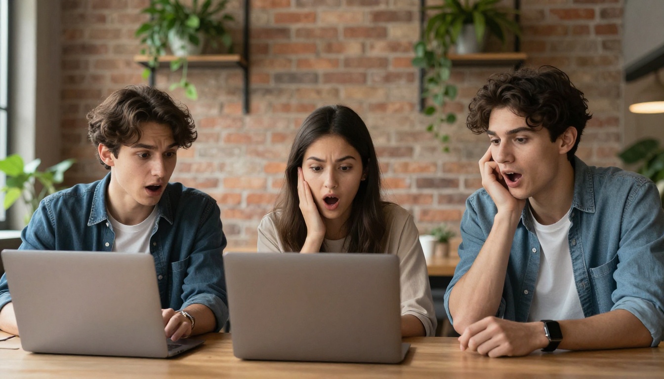 Group of young people reacting with amazement at AI tool results on laptop