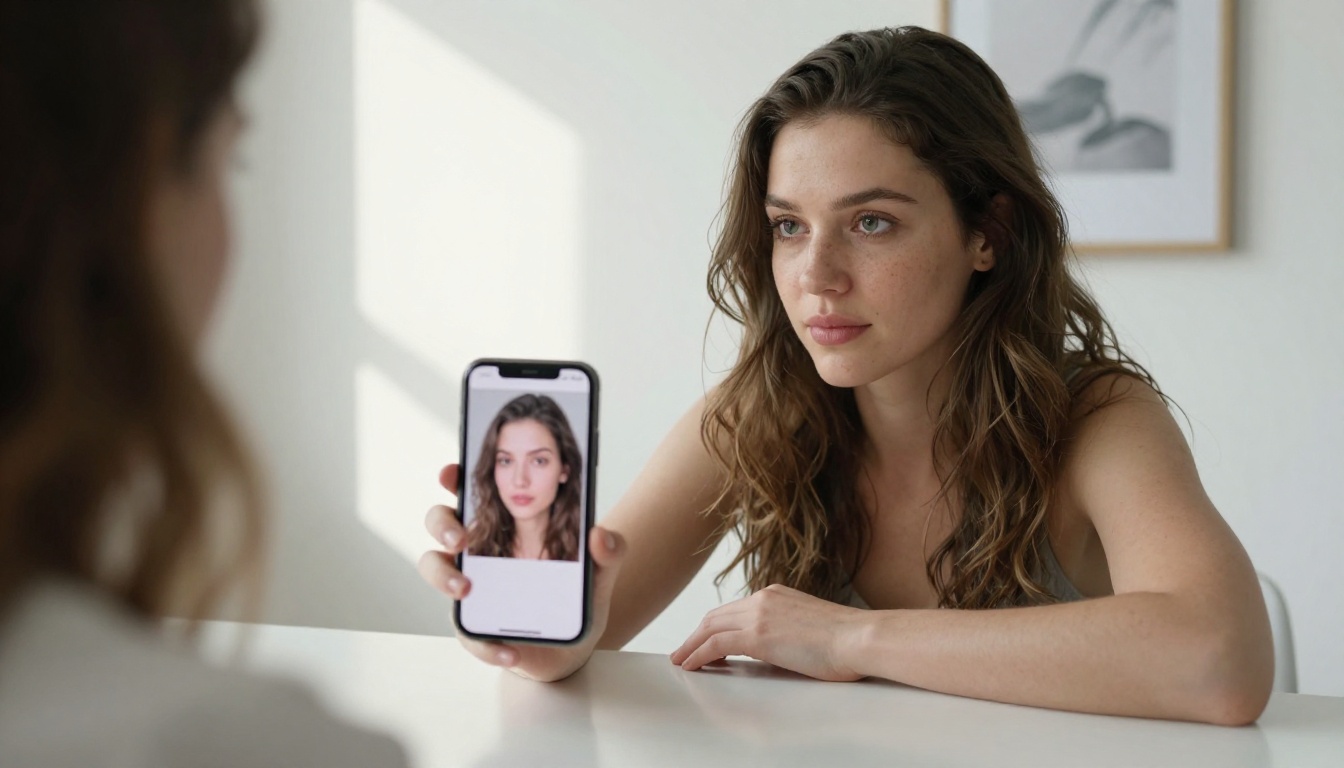 Woman holding smartphone showing AI-generated portrait on screen