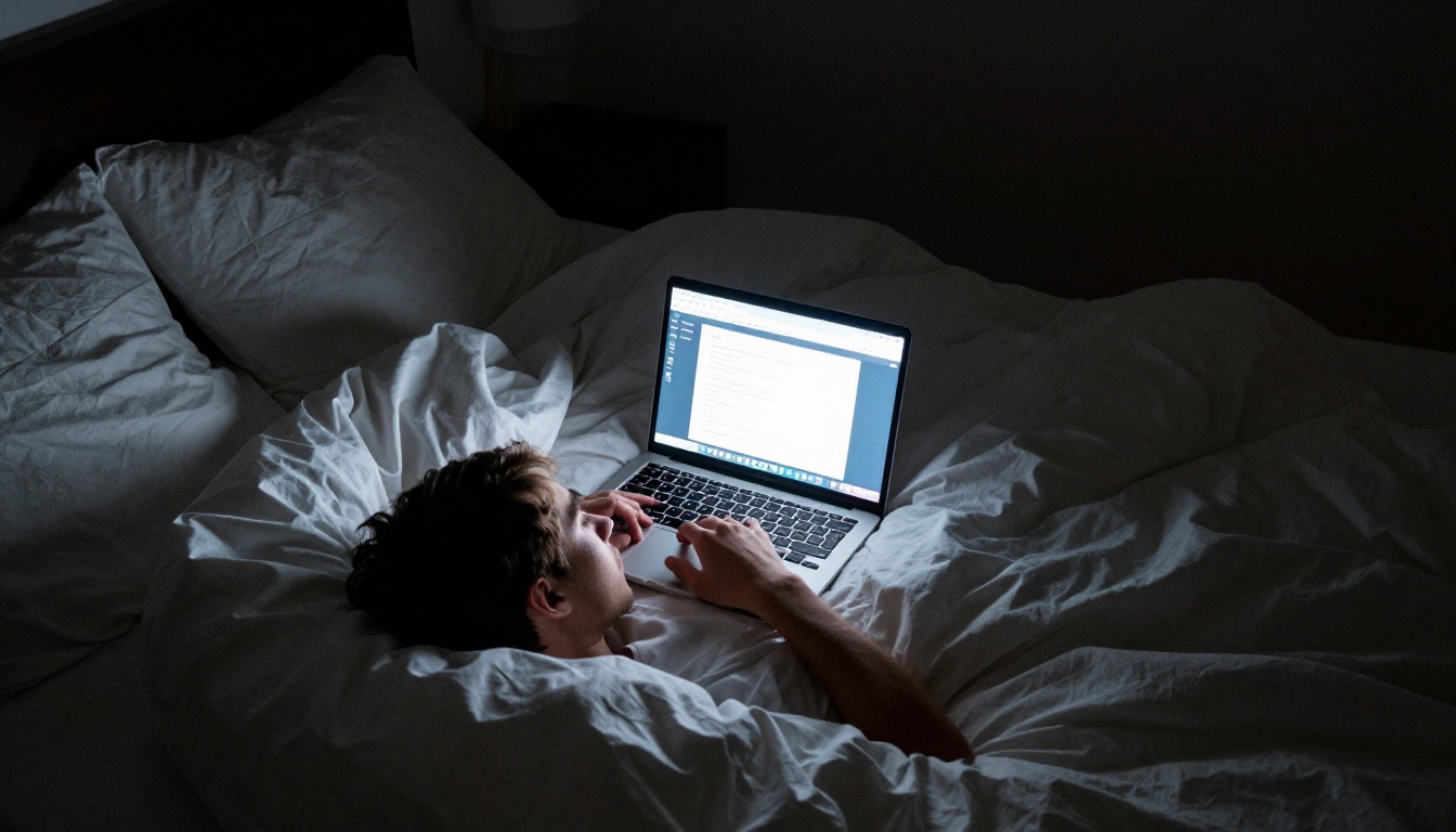Young man in dark bedroom using laptop with screen glow as only light source