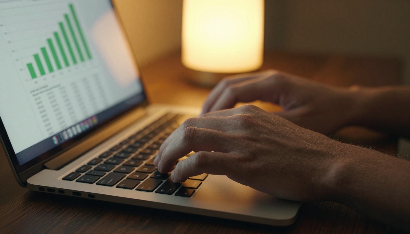 Close-up of hands typing on laptop with earnings chart visible on screen