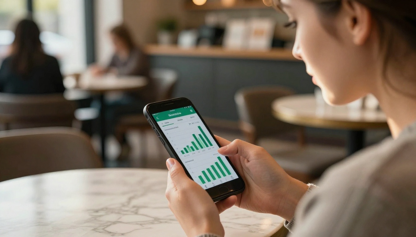 Woman in coffee shop checking income dashboard on her phone