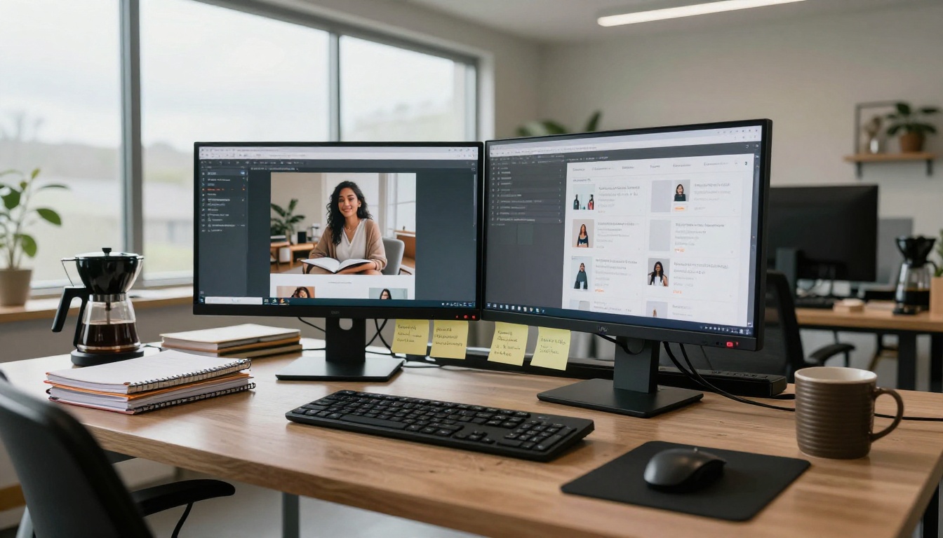 AI workspace with dual monitors showing generated images and a digital marketplace