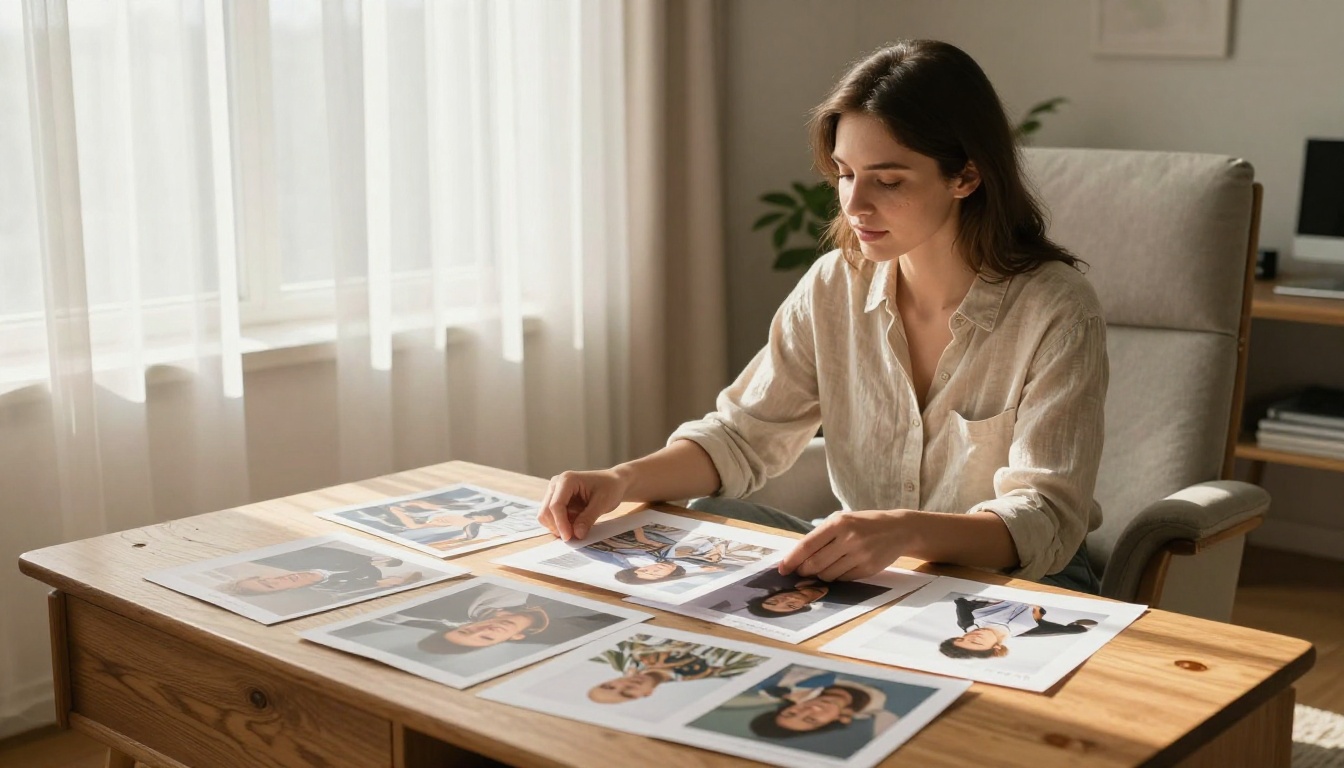 Woman reviewing printed AI artwork pages on a coffee table