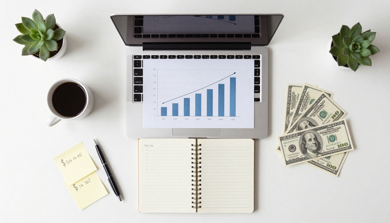 Aerial top-down flat lay of desk with laptop, cash, coffee, and income notebook Aerial top-down flat lay of desk with laptop, cash, coffee, and income notebook