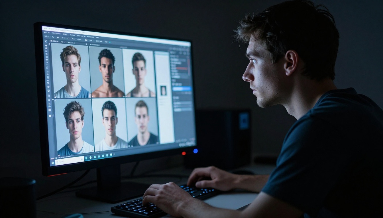 Young man working late at night, face lit by monitor glow showing AI image generation interface Young man working late at night, face lit by monitor glow showing AI image generation interface