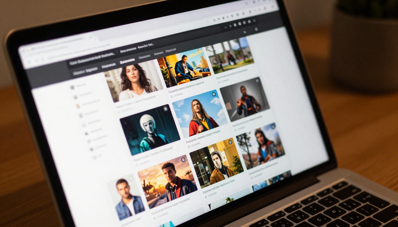 Close-up of laptop screen showing AI artwork marketplace with product listing grid Close-up of laptop screen showing AI artwork marketplace with product listing grid