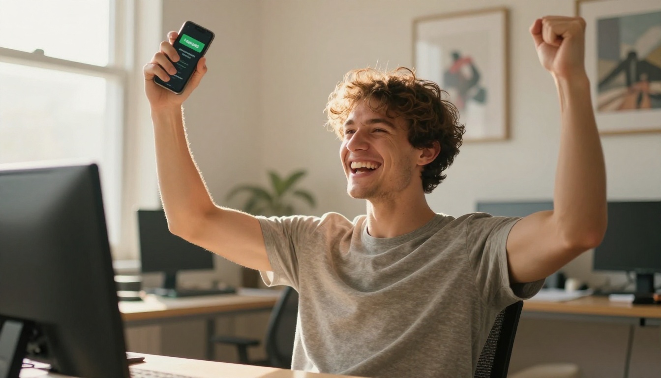 Young man celebrating at his home office desk, phone showing earnings notification, golden morning sunlight behind him Young man celebrating at his home office desk, phone showing earnings notification, golden morning sunlight behind him
