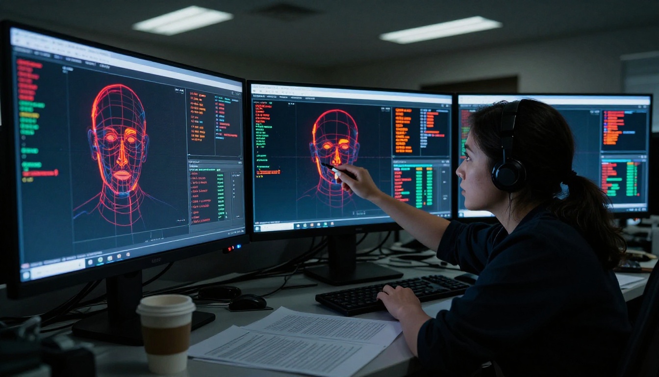 Digital forensics analyst at multi-monitor workstation