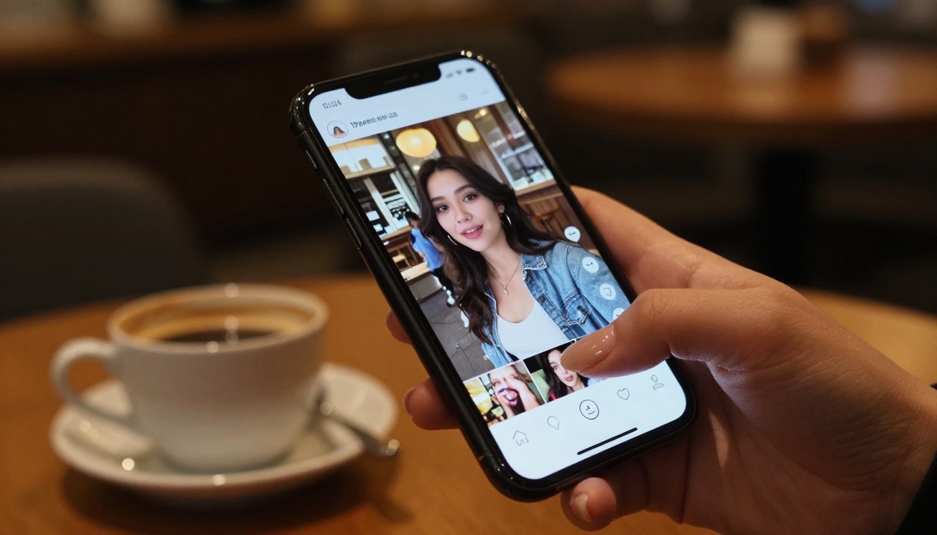 Smartphone with viral social media video in cafe