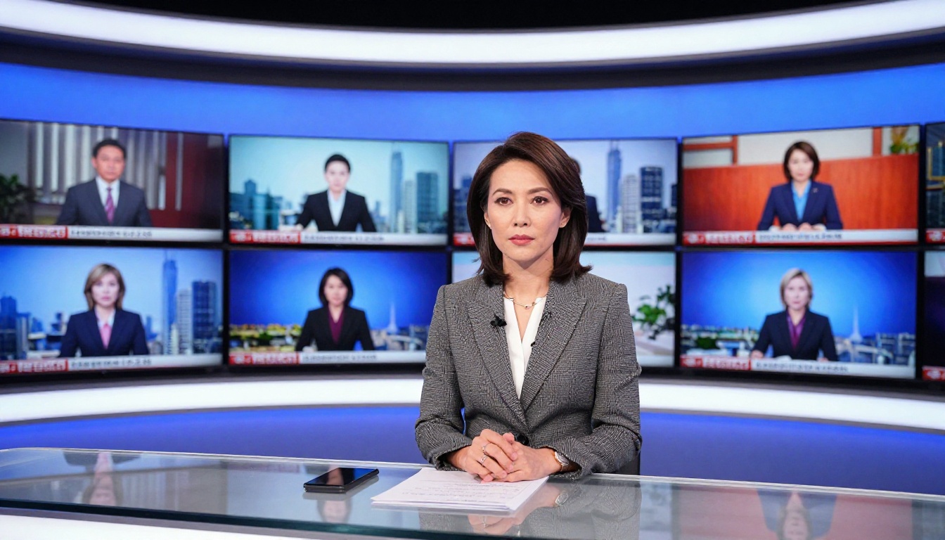 News anchor reviewing footage on broadcast set