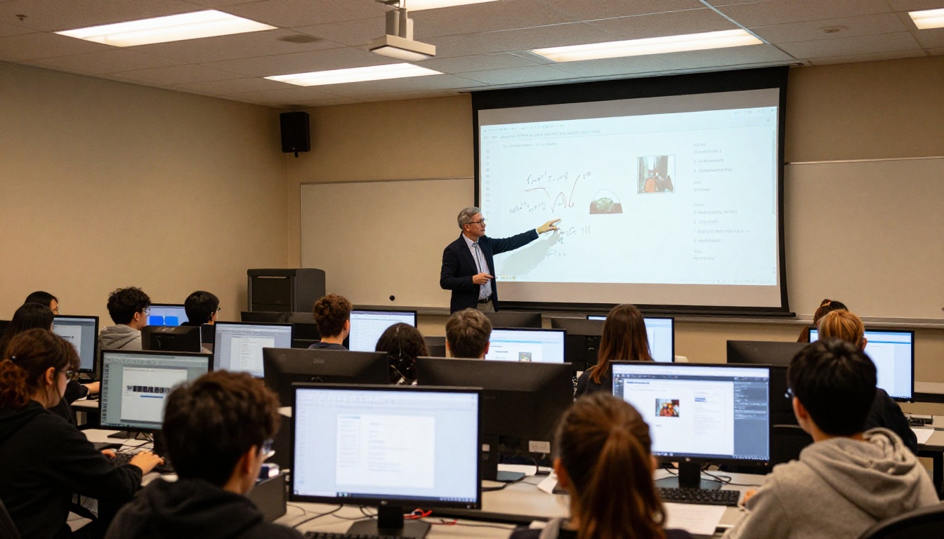 Media lab classroom with students analyzing AI video detection Media lab classroom with students analyzing AI video detection