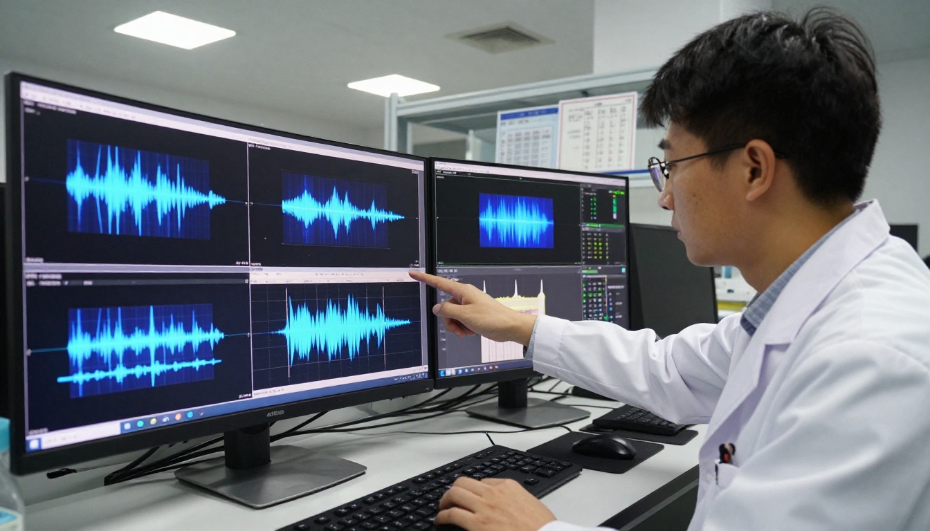 Forensic analyst examining video frames side by side on multiple monitors in a lab