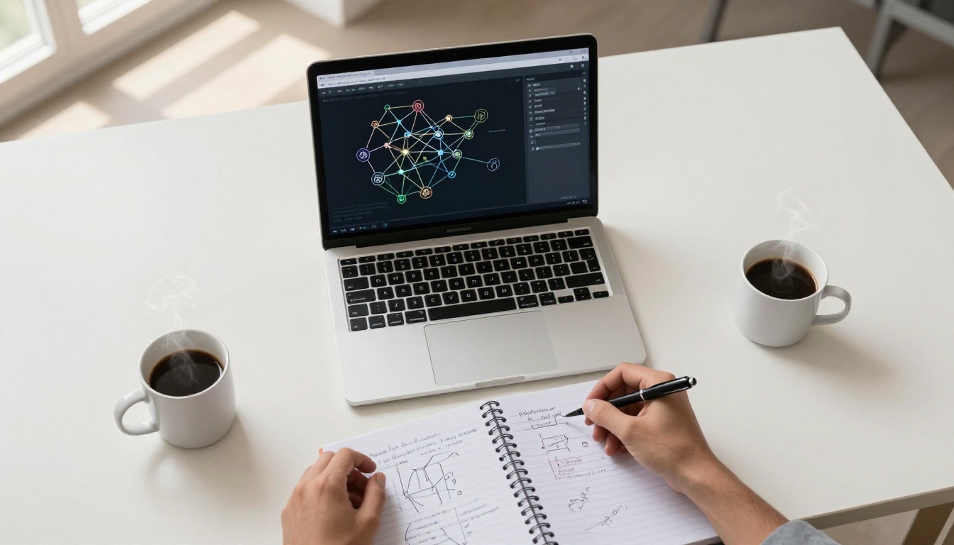 Aerial view of researcher's desk with neural network diagrams and handwritten notes