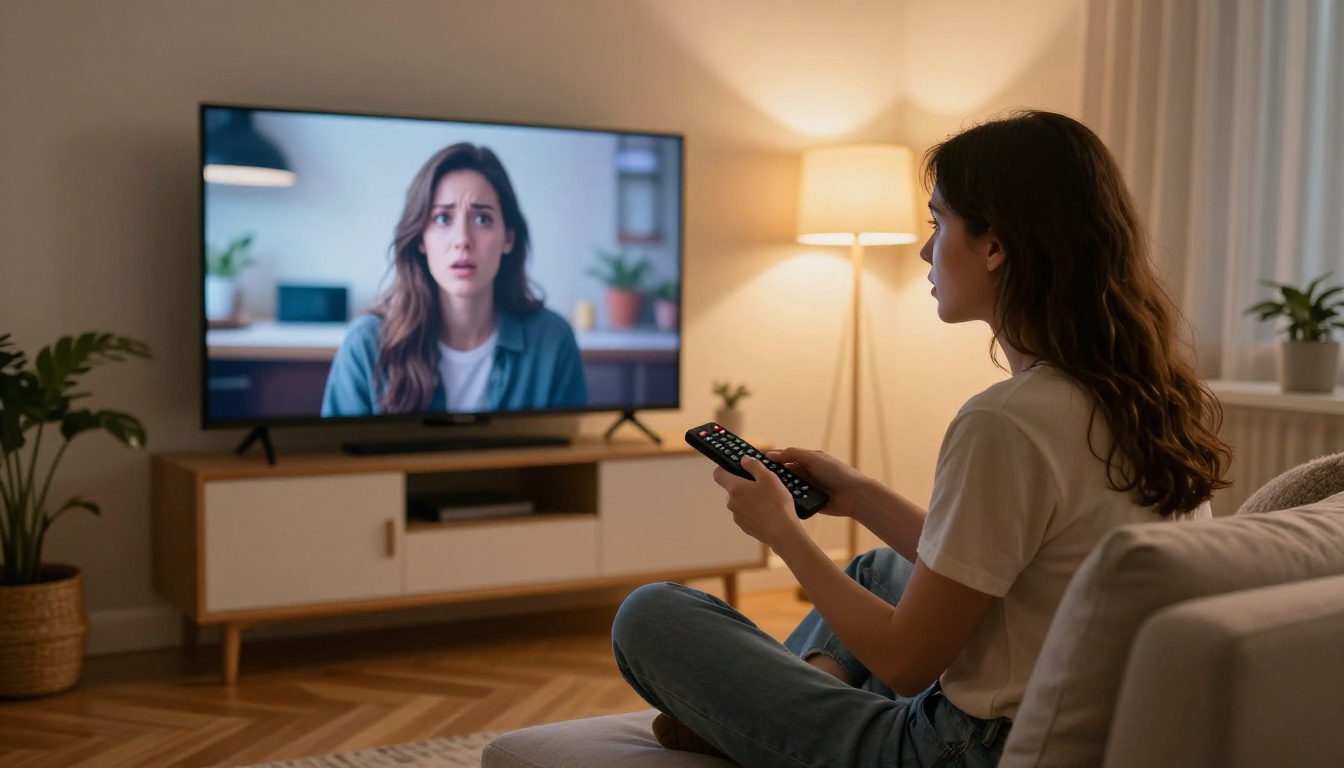 Woman watching AI-generated video on flat screen TV with warm lamp lighting