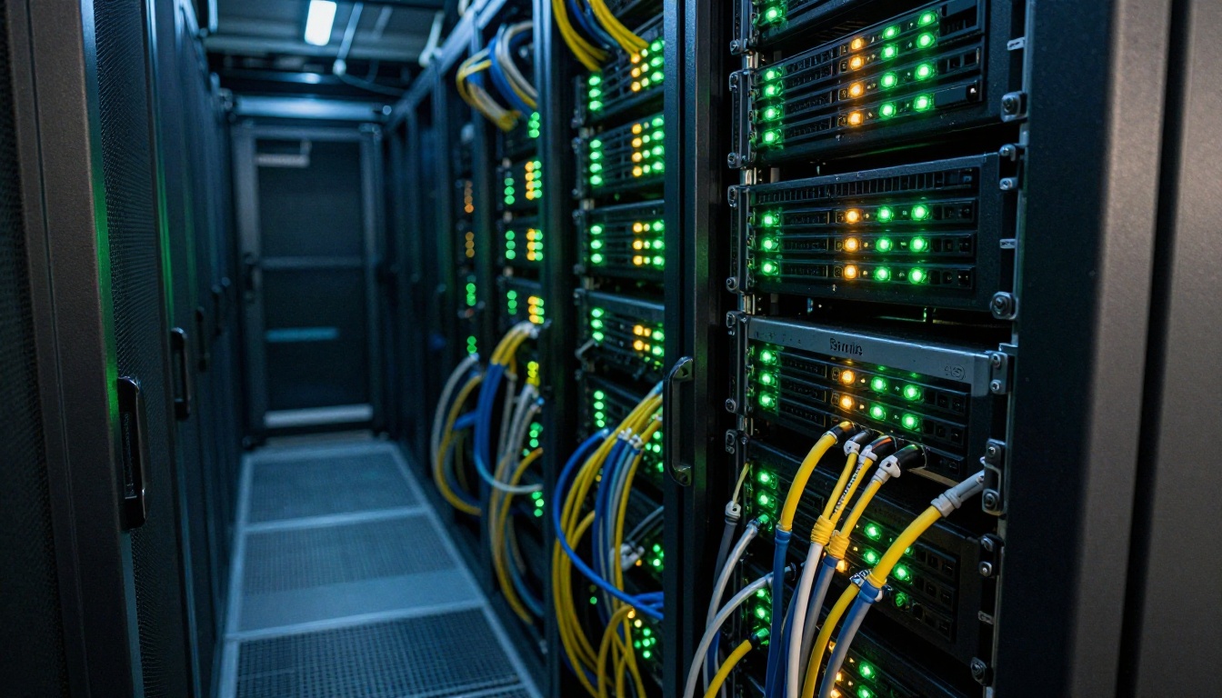 Data center server rack with LED status lights in cool blue ambient lighting