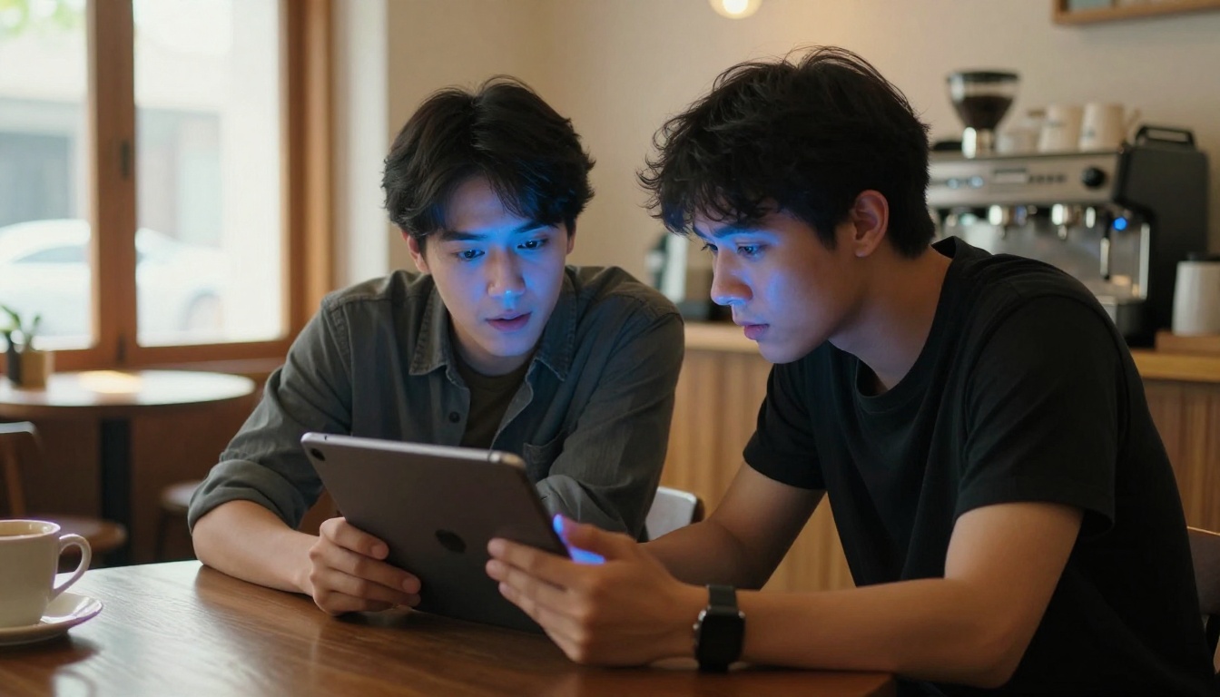 Two people in coffee shop examining AI video on a tablet together