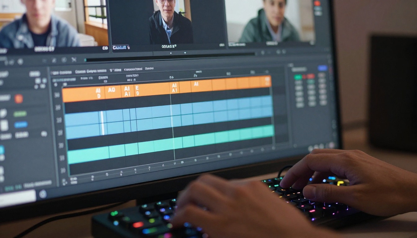 Video editing timeline on monitor with editor's hands on keyboard and jog wheel controller