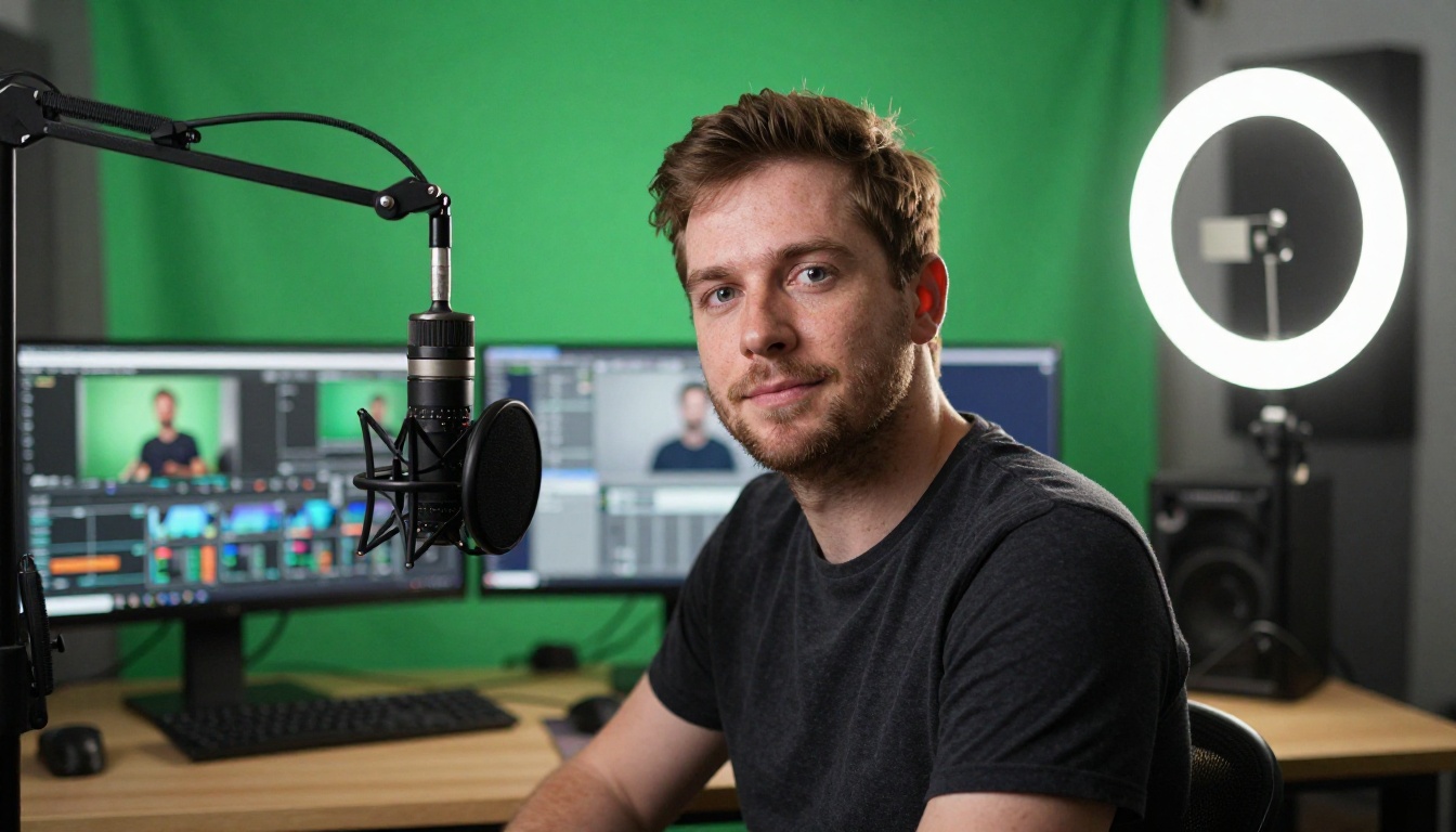Content creator at home studio setup with ring light and video generation monitors visible