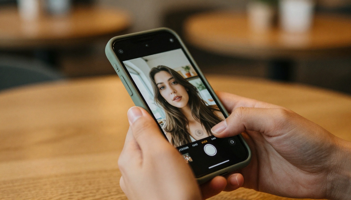 Woman holding phone displaying AI portrait photo