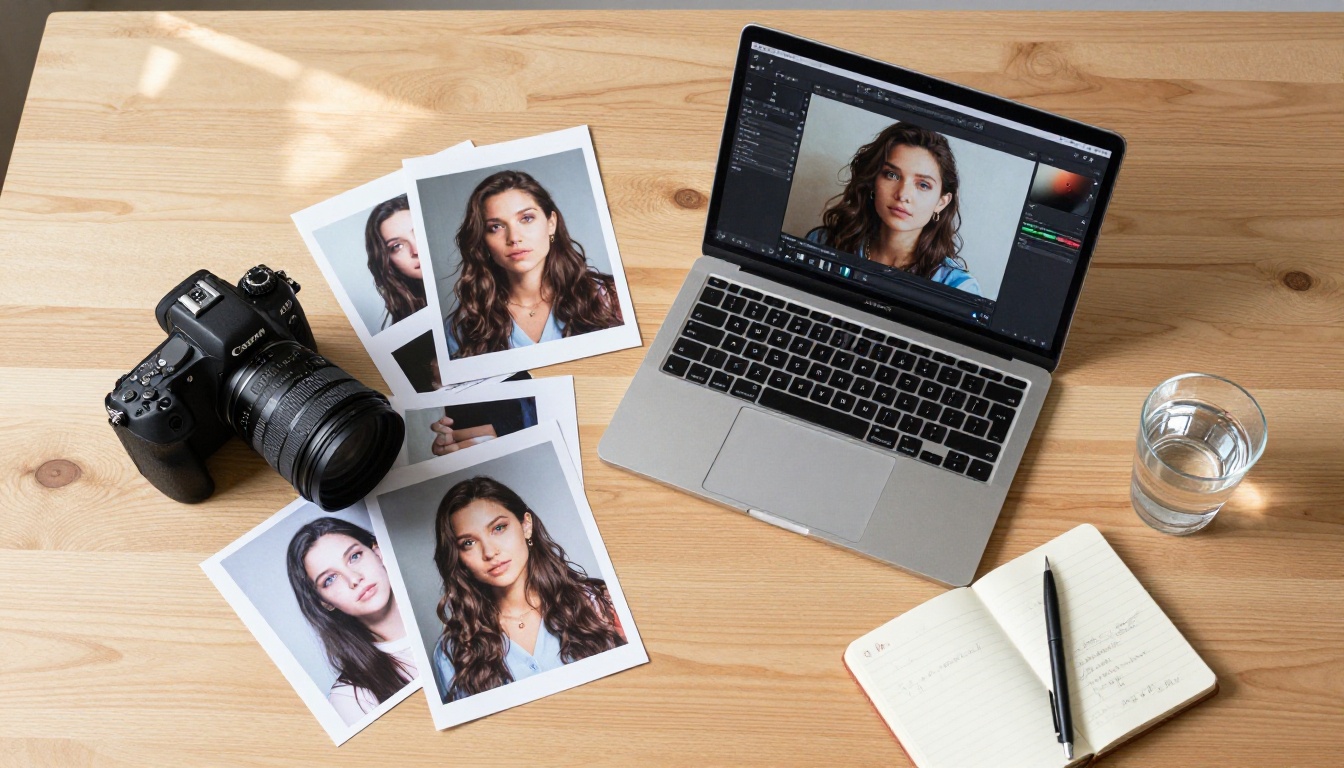 Creative workspace flat-lay with laptop and camera