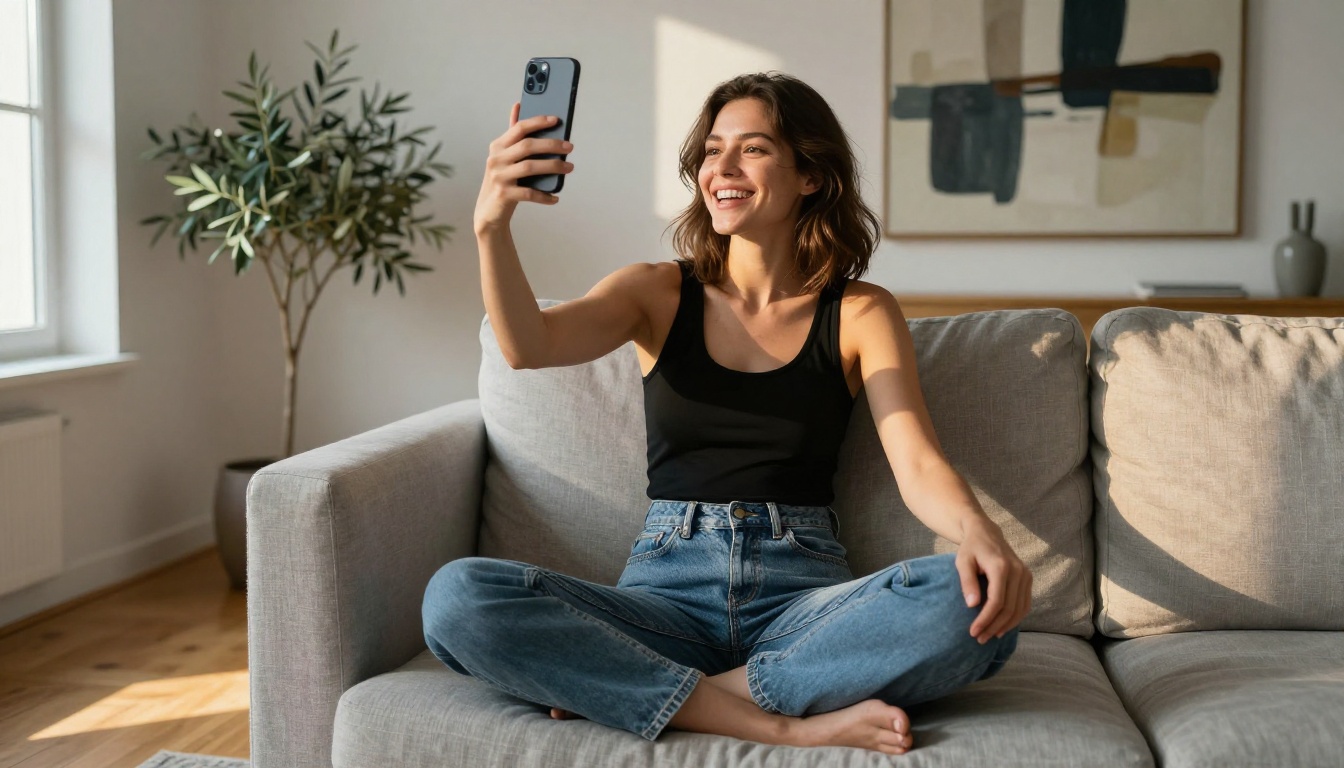 Woman taking selfie on sofa natural light Scandinavian interior