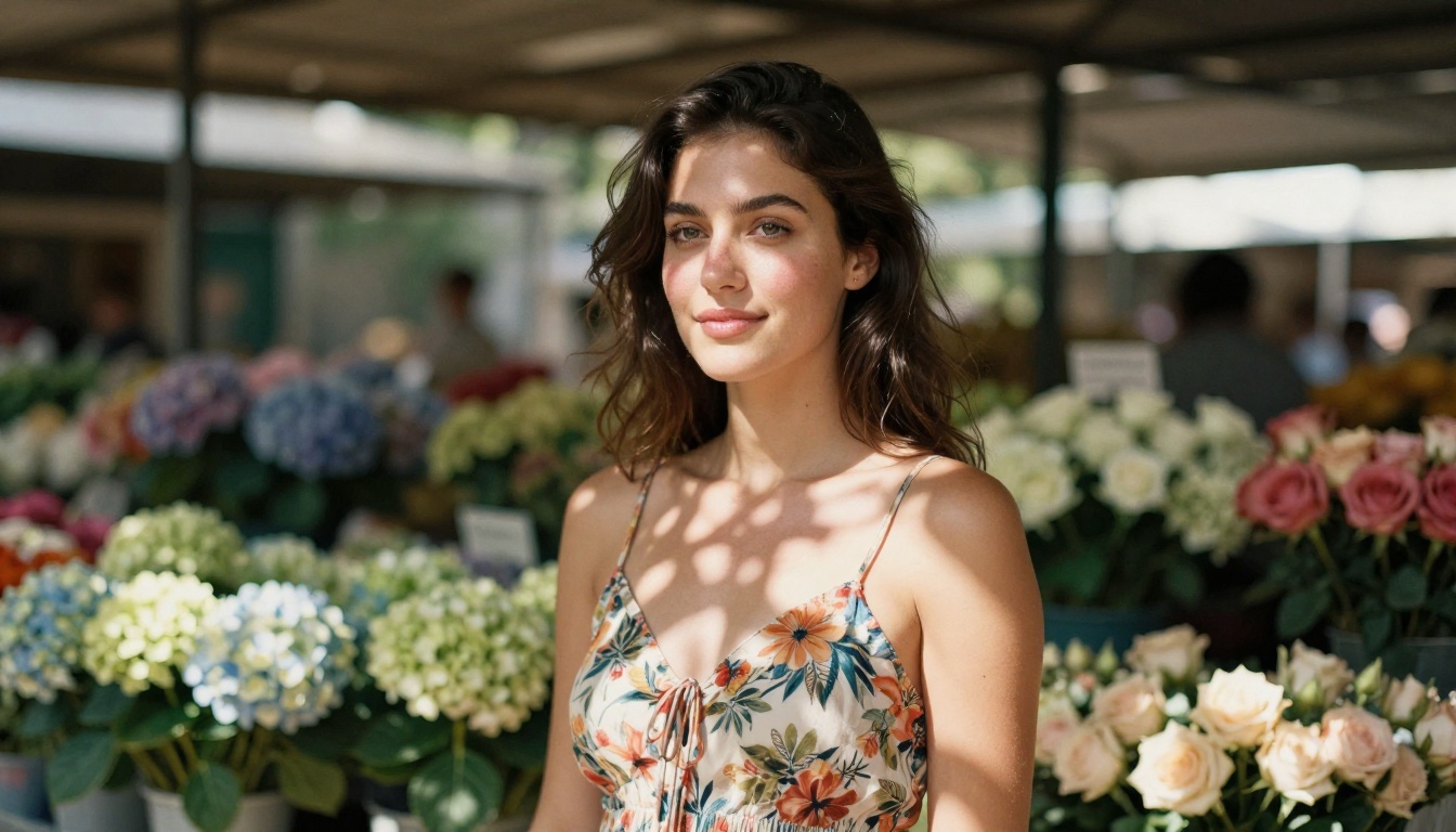 Woman in flower market outdoor portrait natural light