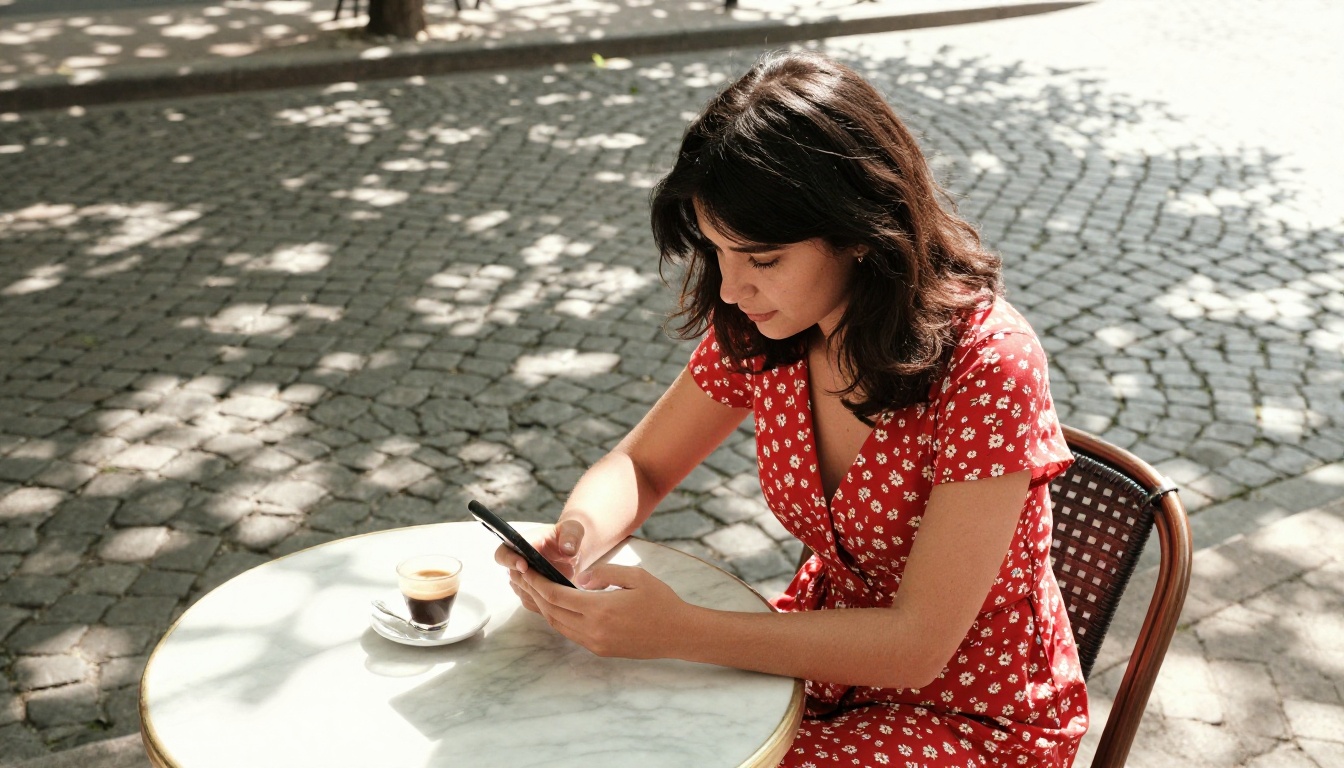 Woman at outdoor cafe European street setting