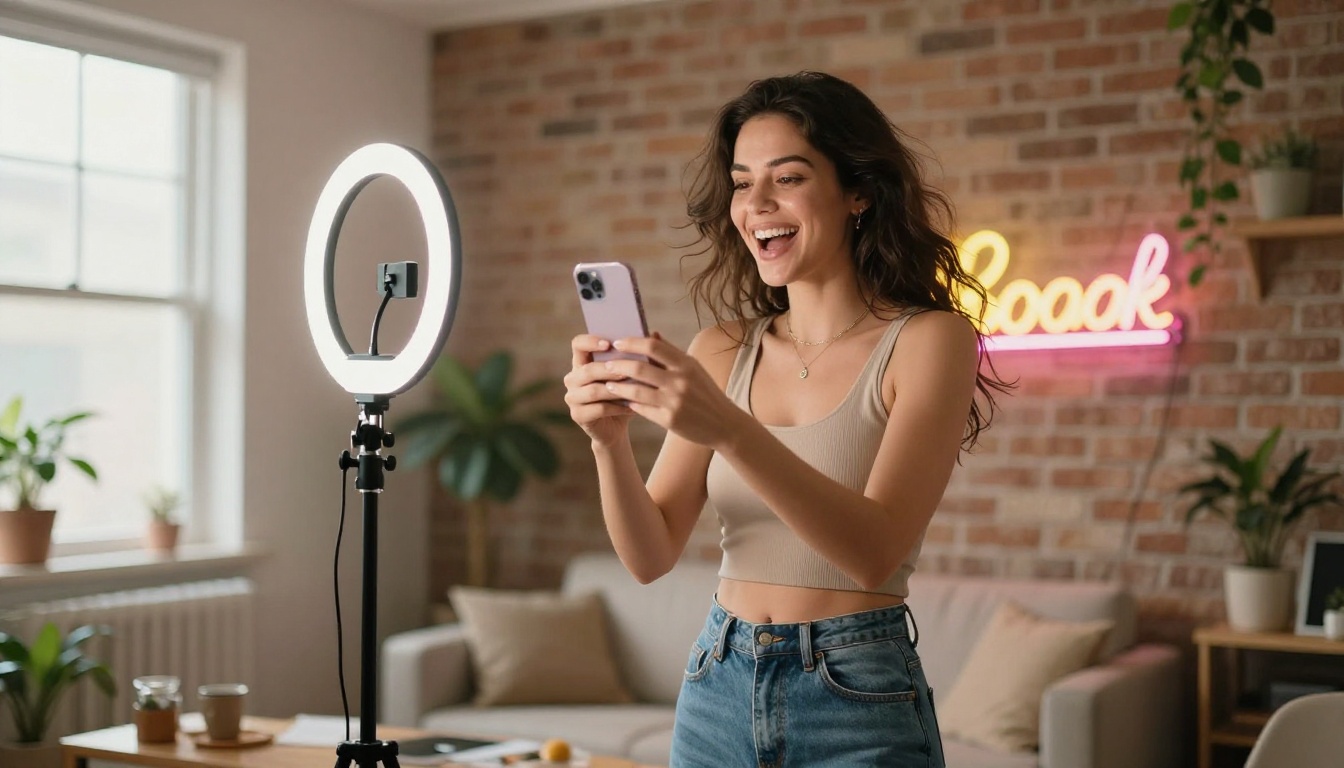 TikTok creator filming content in a trendy studio apartment